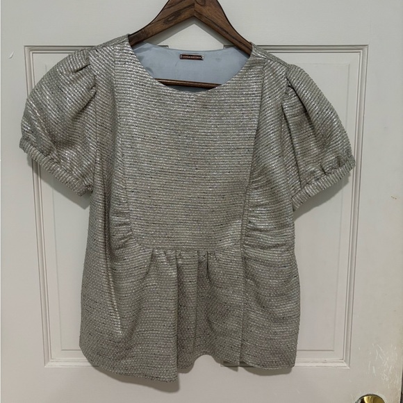 Loeffler Randall Puff Sleeve Metallic Gold Peplum Blouse Size 4 Romantic Femme - Picture 7 of 7